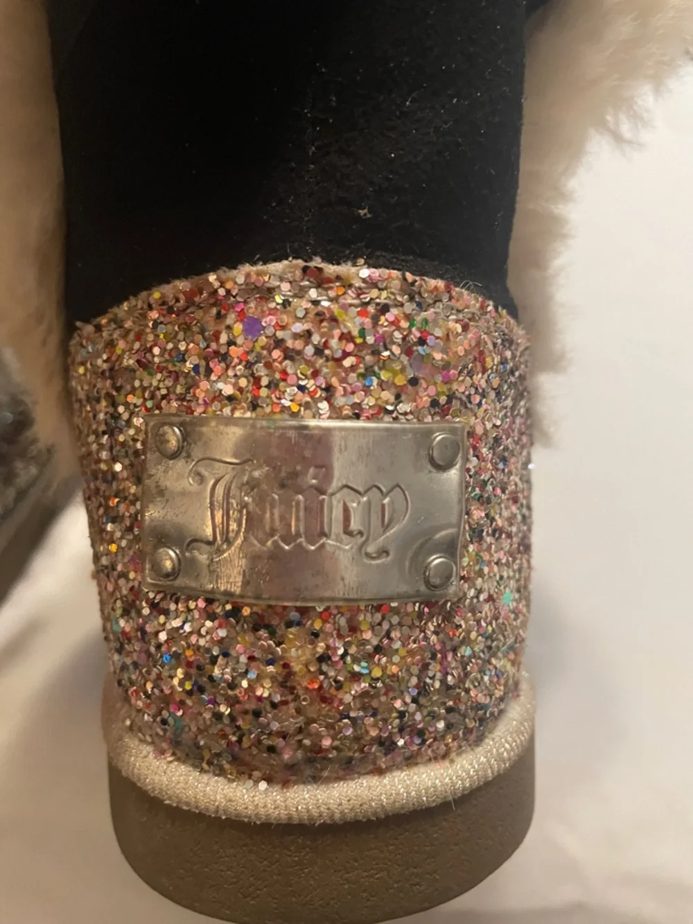Juicy Couture Black Kids Fur-Trim Boots with Pink Glitter Heel